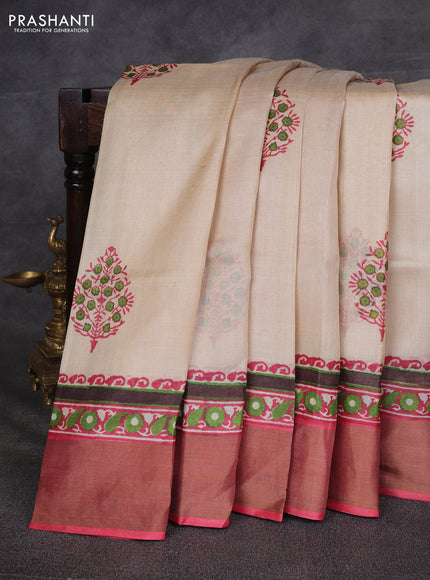Beige & Red Pure Tussar Printed Silk Saree
