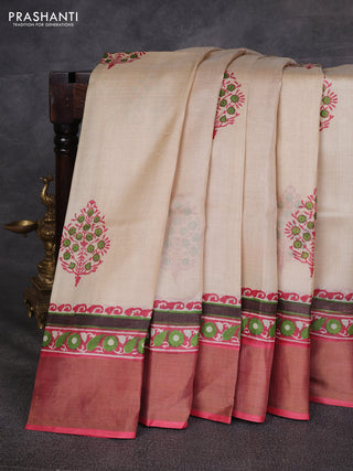 Beige & Red Pure Tussar Printed Silk Saree