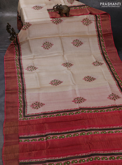 Beige & Red Pure Tussar Printed Silk Saree