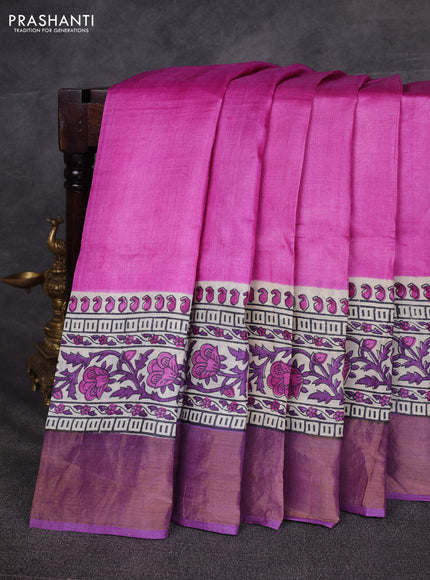 Pink & Purple Pure Tussar Printed Silk Saree