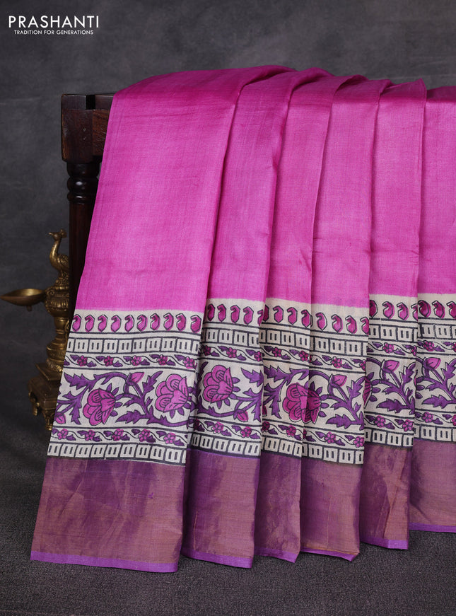 Pink & Purple Pure Tussar Printed Silk Saree