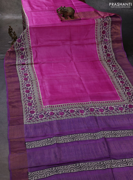 Pink & Purple Pure Tussar Printed Silk Saree