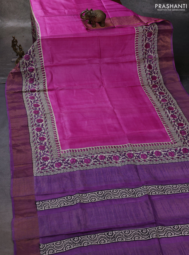 Pink & Purple Pure Tussar Printed Silk Saree
