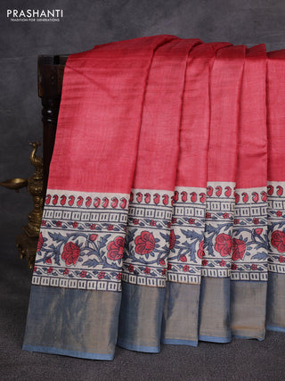 Red & Grey Pure Tussar Printed Silk Saree