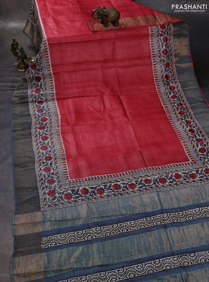 Red & Grey Pure Tussar Printed Silk Saree