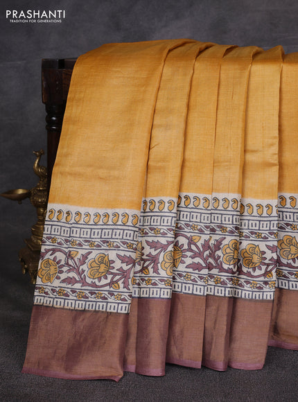 Yellow & Brown Pure Tussar Printed Silk Saree