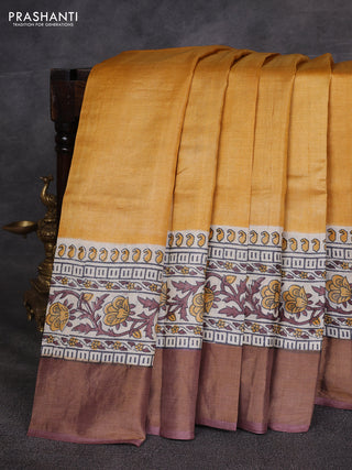 Yellow & Brown Pure Tussar Printed Silk Saree