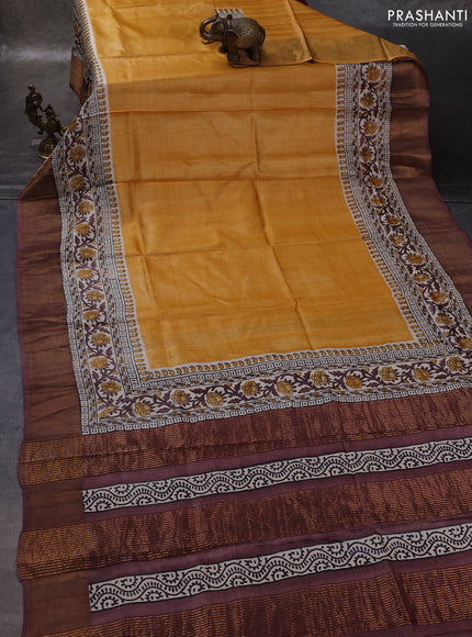 Yellow & Brown Pure Tussar Printed Silk Saree