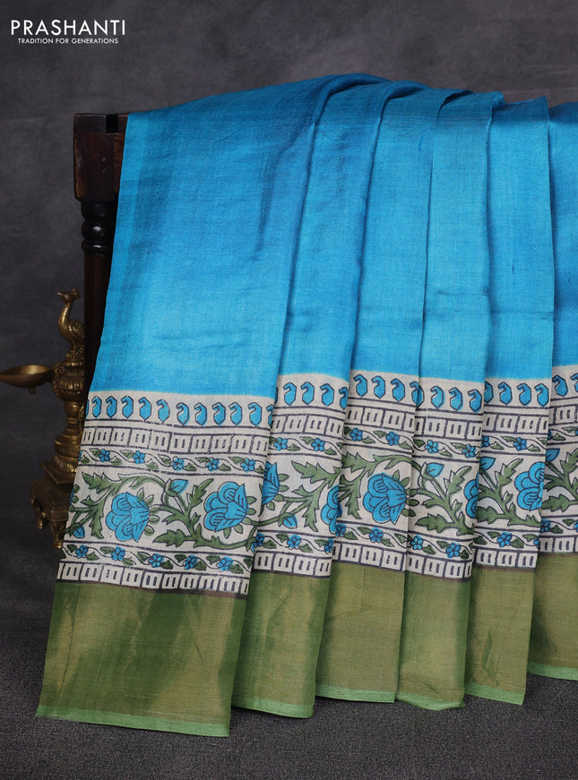 Cs Blue & Green Pure Tussar Printed Silk Saree