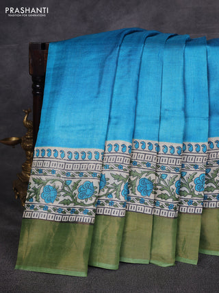 Cs Blue & Green Pure Tussar Printed Silk Saree