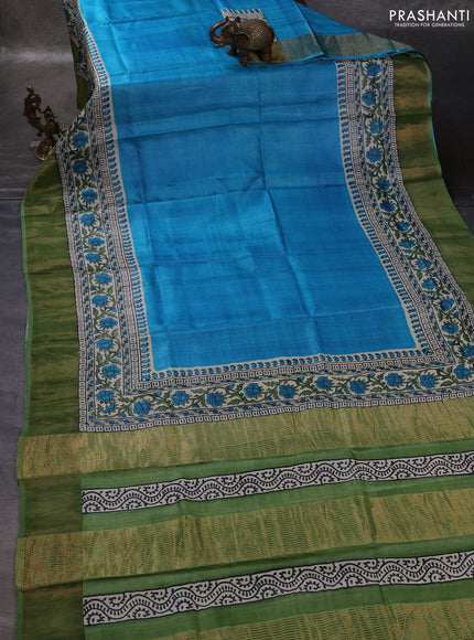 Cs Blue & Green Pure Tussar Printed Silk Saree