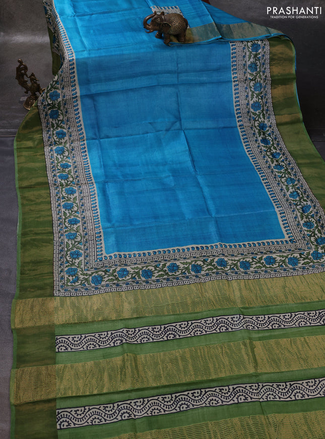 Cs Blue & Green Pure Tussar Printed Silk Saree