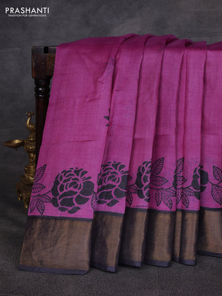 Pink & Grey Pure Tussar Printed Silk Saree