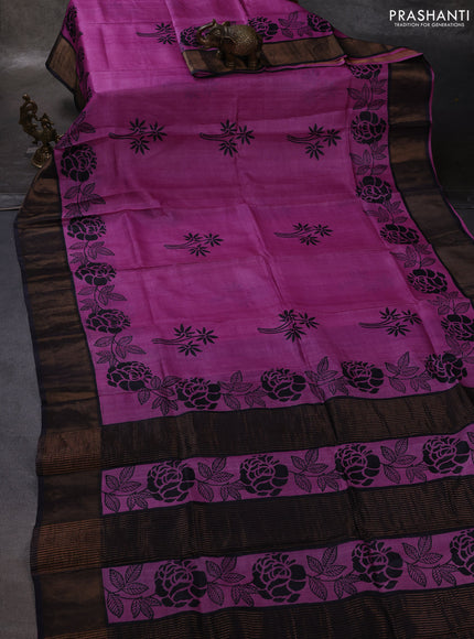 Pink & Grey Pure Tussar Printed Silk Saree