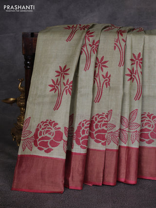 Pastel Green & Maroon Pure Tussar Printed Silk Saree