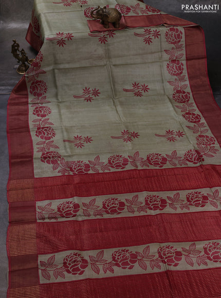 Pastel Green & Maroon Pure Tussar Printed Silk Saree