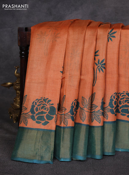 Orange & Green Pure Tussar Printed Silk Saree