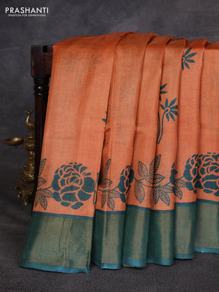 Orange & Green Pure Tussar Printed Silk Saree