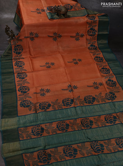 Orange & Green Pure Tussar Printed Silk Saree