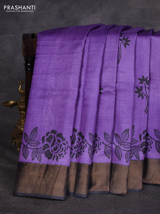 Lavender & Black Pure Tussar Printed Silk Saree