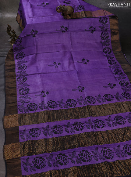 Lavender & Black Pure Tussar Printed Silk Saree
