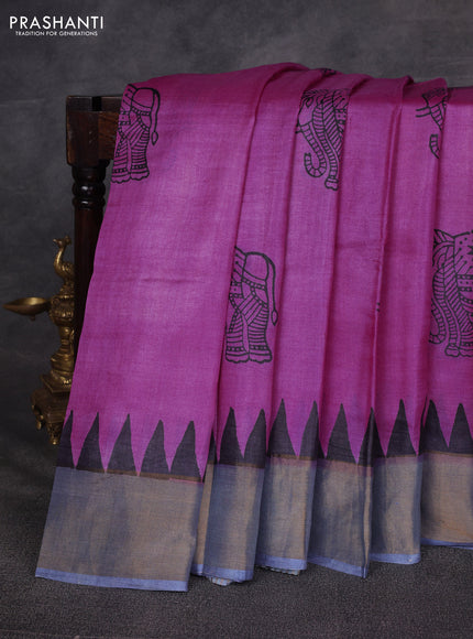 Pink & Grey Pure Tussar Printed Silk Saree