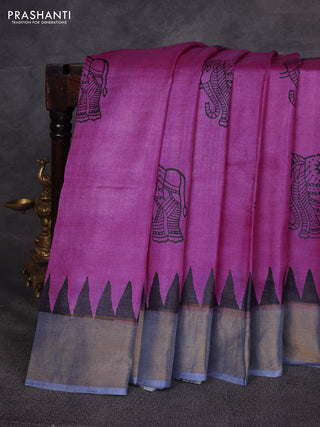 Pink & Grey Pure Tussar Printed Silk Saree