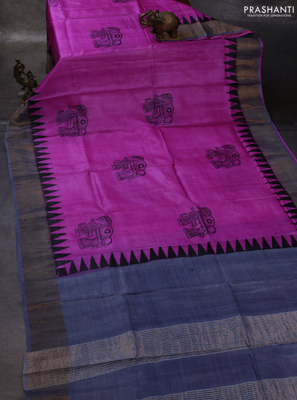 Pink & Grey Pure Tussar Printed Silk Saree