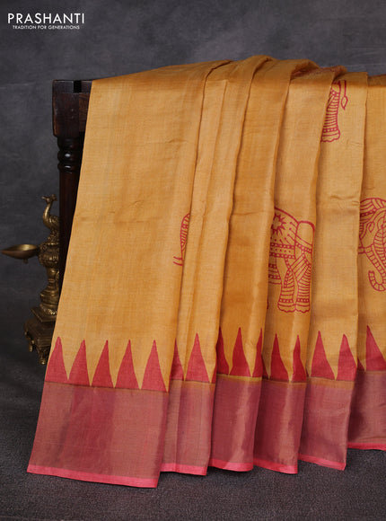 Mustard Yellow & Red Pure Tussar Printed Silk Saree