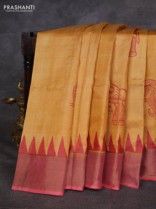 Mustard Yellow & Red Pure Tussar Printed Silk Saree