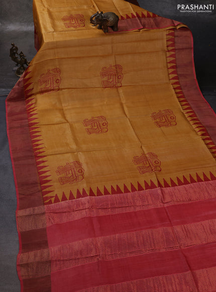 Mustard Yellow & Red Pure Tussar Printed Silk Saree