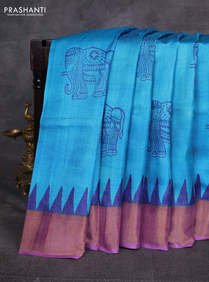 Cs Blue & Purple Pure Tussar Printed Silk Saree