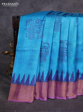 Cs Blue & Purple Pure Tussar Printed Silk Saree