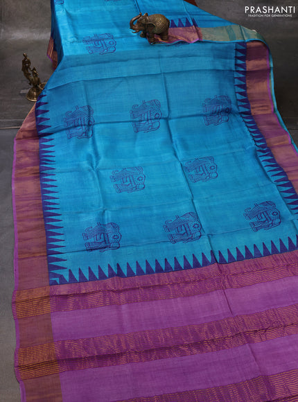 Cs Blue & Purple Pure Tussar Printed Silk Saree