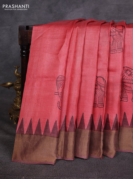 Red & Brown Pure Tussar Printed Silk Saree