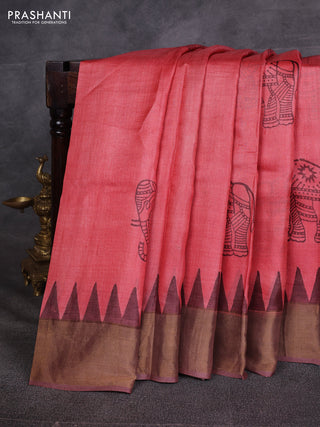 Red & Brown Pure Tussar Printed Silk Saree