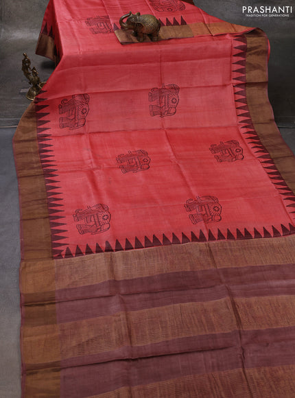 Red & Brown Pure Tussar Printed Silk Saree