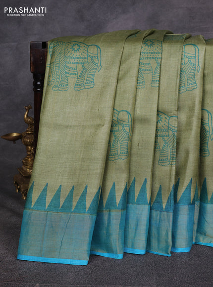Green & Cs Blue Pure Tussar Printed Silk Saree