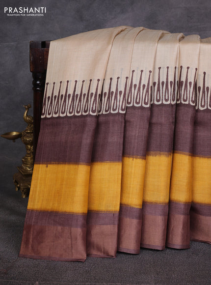 Off White & Yellow Pure Tussar Printed Silk Saree