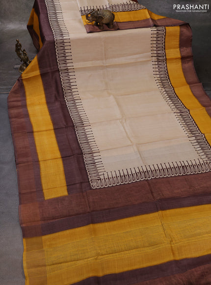 Off White & Yellow Pure Tussar Printed Silk Saree