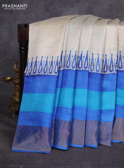 Off White & Blue Pure Tussar Printed Silk Saree