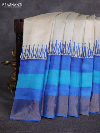 Off White & Blue Pure Tussar Printed Silk Saree