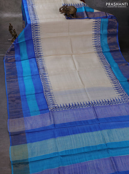 Off White & Blue Pure Tussar Printed Silk Saree