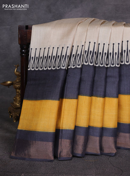 Off White & Yellow Pure Tussar Printed Silk Saree