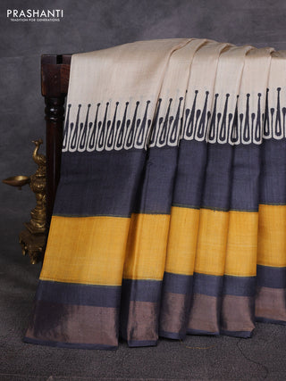 Off White & Yellow Pure Tussar Printed Silk Saree