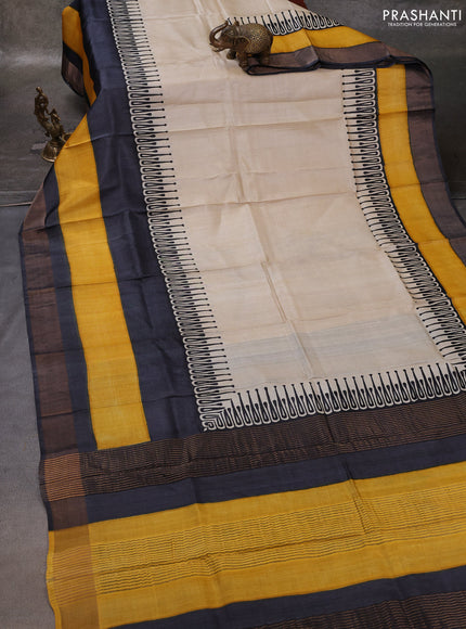 Off White & Yellow Pure Tussar Printed Silk Saree