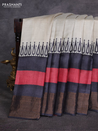 Off White & Grey Pure Tussar Printed Silk Saree