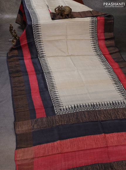 Off White & Grey Pure Tussar Printed Silk Saree