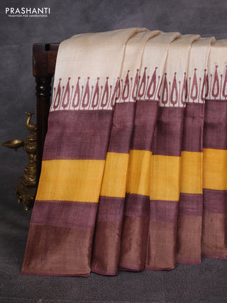 Off White & Yellow Brown Pure Tussar Printed Silk Saree