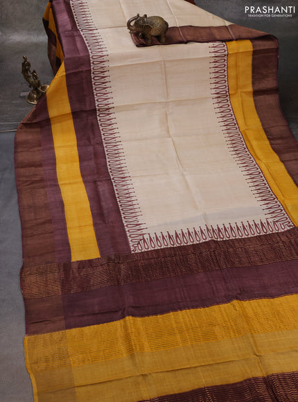 Off White & Yellow Brown Pure Tussar Printed Silk Saree